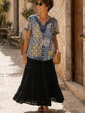 BOHO PATCHWORK TUNIC TOP MOSAIC PRINT FESTIVAL BlOUSE BEADED RELAXED FIT S. L.